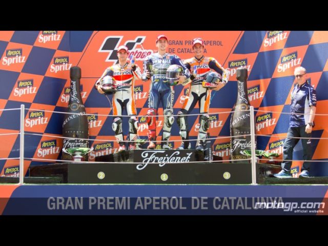 Il podio del GP col vincitore Lorenzo fra Pedrosa e Marquez