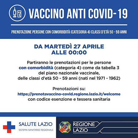 Vaccino anti Covid-19 Lazio, prenotazioni fascia età 50 - 59 anni
