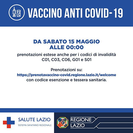 Vaccini Lazio, prenotazioni codici invalidità C01, C03, C06, G01 e S01