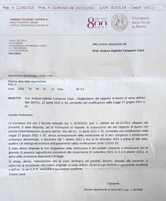 Università di Padova decreto di sospensione di Andrea Sigfrido Camperio Ciani