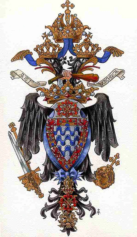 Lo stemma di S.E. il Duca Don Diego de Vargas Machuca, d'argento a tre onde azzurre con la bordura di otto pezzi alternati di rosso al castello d'oro (Castiglia) e d'argento al leone rosso coronato d'oro (Leon), accollato all'aquila bicipite dell'Impero (disegno del Cav. Marco Foppoli).